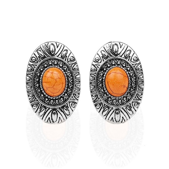 Orange Stone Tiki Tribal Inspired Post Earrings - Picture 1 of 2